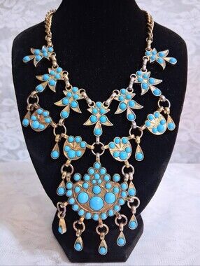 Squash Blossoms Ethnic Statement Necklace Turquoise Color Blooms